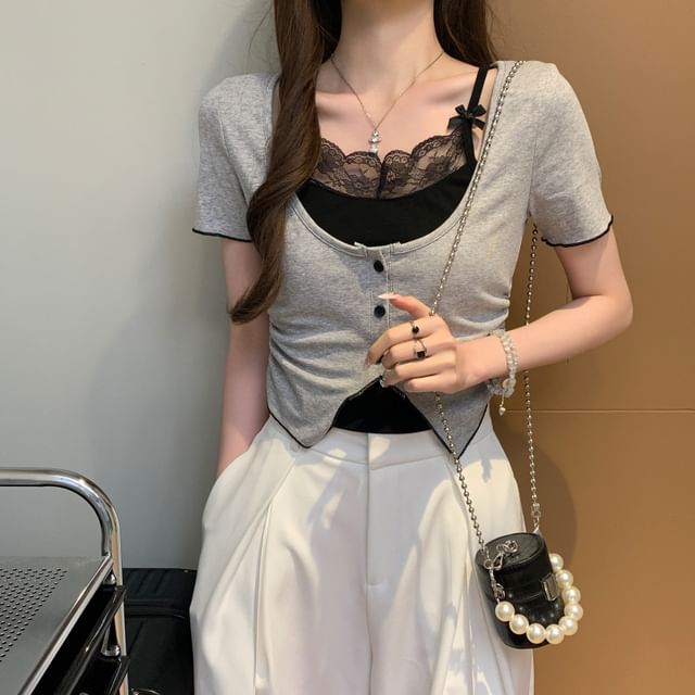 Lace-Trimmed Mock Two-Piece Short-Sleeved Top