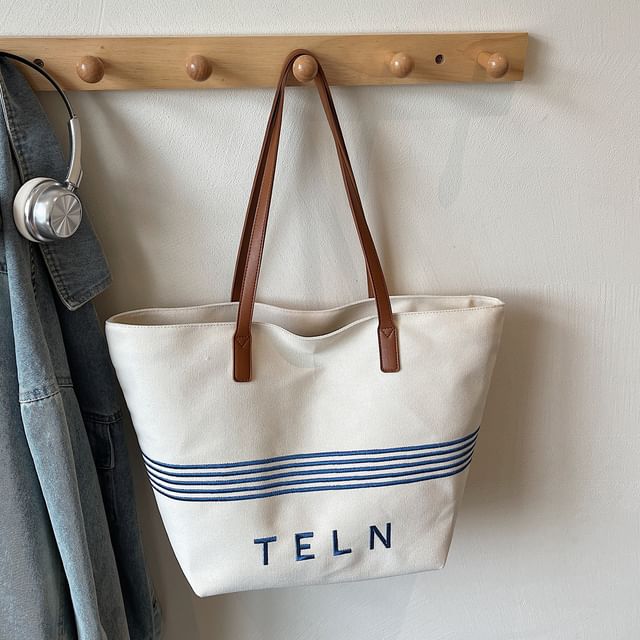Striped Canvas Embroidered Tote Lettering Bag