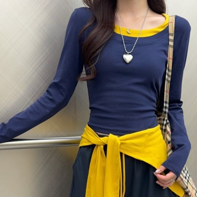 Long Sleeve Crew Neck Contrast Trim Tee / Scarf / Drawstring Waist Plain Wide Leg Cargo Pants / Set