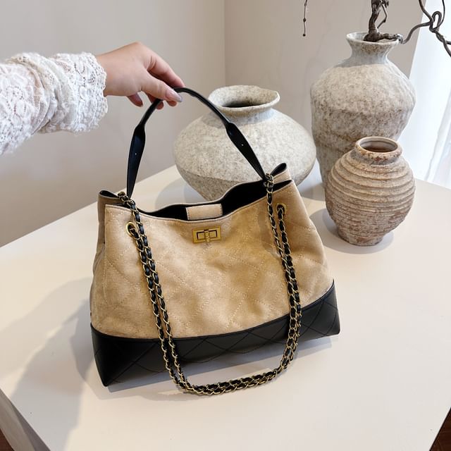 Crossbody Bag Tote Suede Chain Faux Strap Quilted