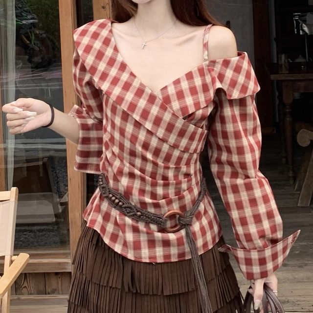 Long-Sleeve Off-Shoulder Plaid Blouse, High-Waist Tiered Mini A-Line Skirt & Belt Set