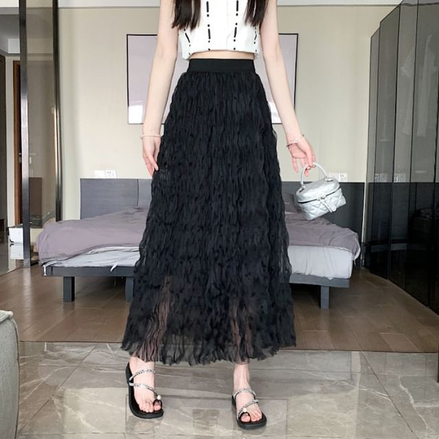 High-Waist Crinkle Mesh Midi A-Line Skirt