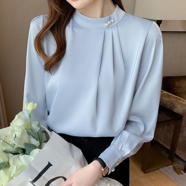 Plain Ruched Band-Collar Long-Sleeved Blouse