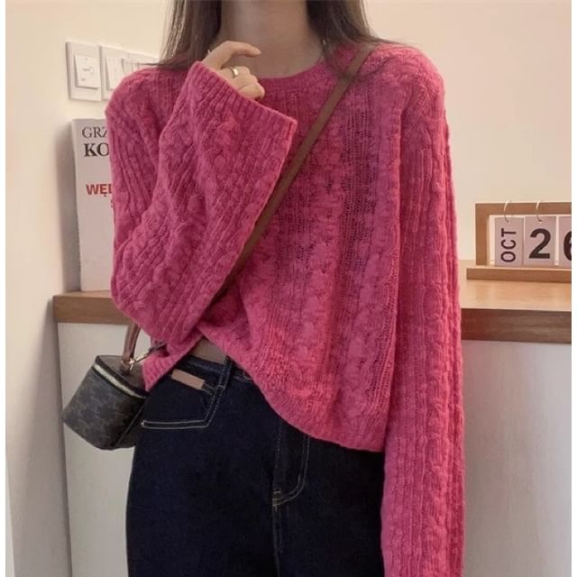 Plain Cable-Knit Crewneck Sweater