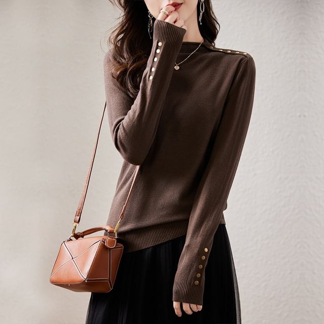 Plain Mock-Neck Long-Sleeved Knit Top