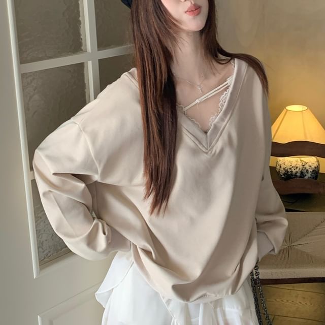 V-Neck Lace Panel Tie-Back Sweatshirt & High-Waist Asymmetrical Ruffle Trim Skirt