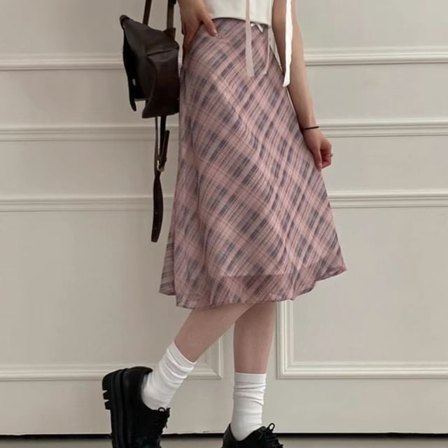 High-Waist Plaid Sheer Midi A-Line Skirt