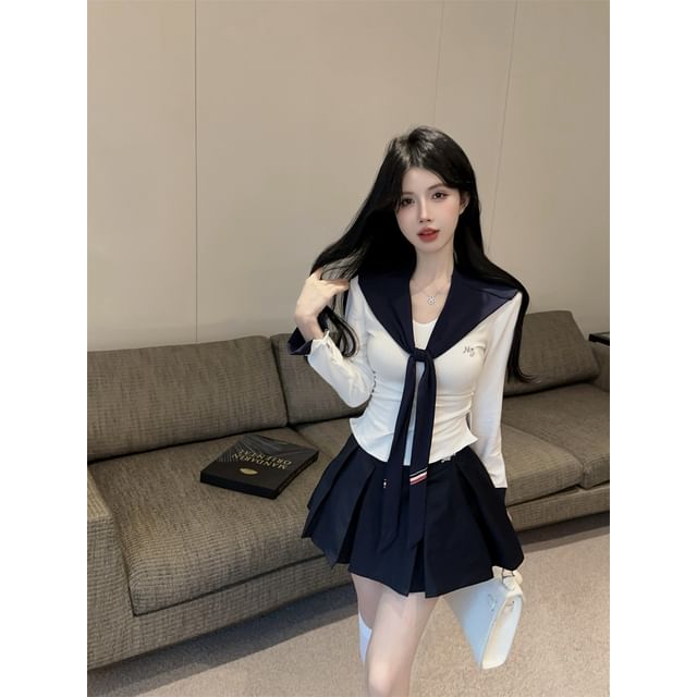 Long-Sleeve V-Neck Top & Mini Pleated Skirt Set