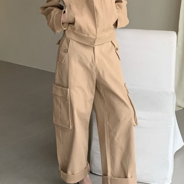 Collared Button-Up Plain Jacket / High Rise Cropped Wide Leg Cargo Pants