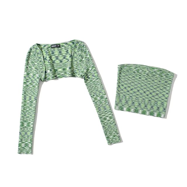 Set: Long-Sleeve Tweed Shrug + Tube Top