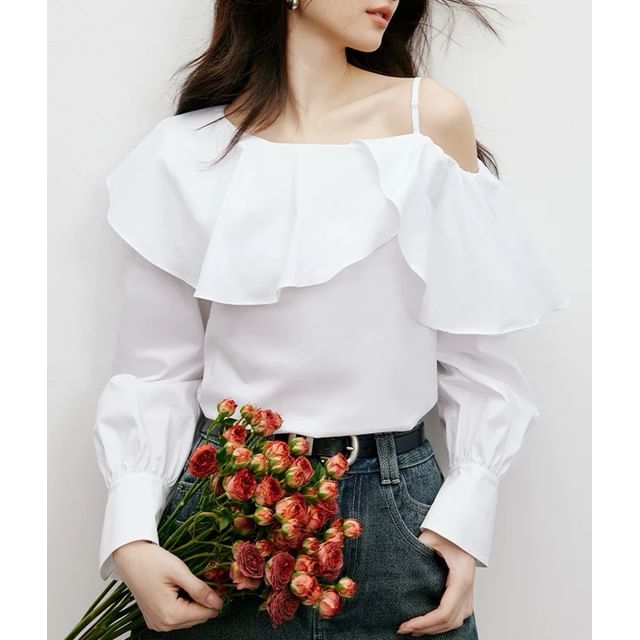 Long-Sleeve Cold Shoulder Plain Ruffle Trim Blouse