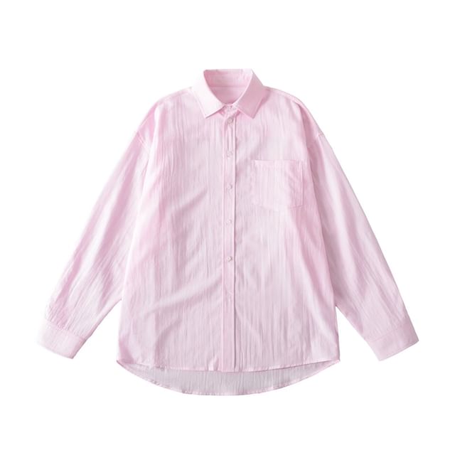 Plain Collared Long-Sleeved Button-Up Shirt