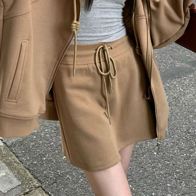 Plain Drawstring Zip Hoodie & High-Waist Mini A-Line Skirt