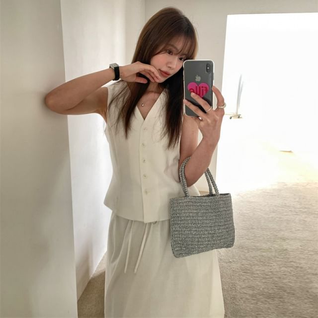 V-Neck Button-Up Vest & Midi A-Line Skirt