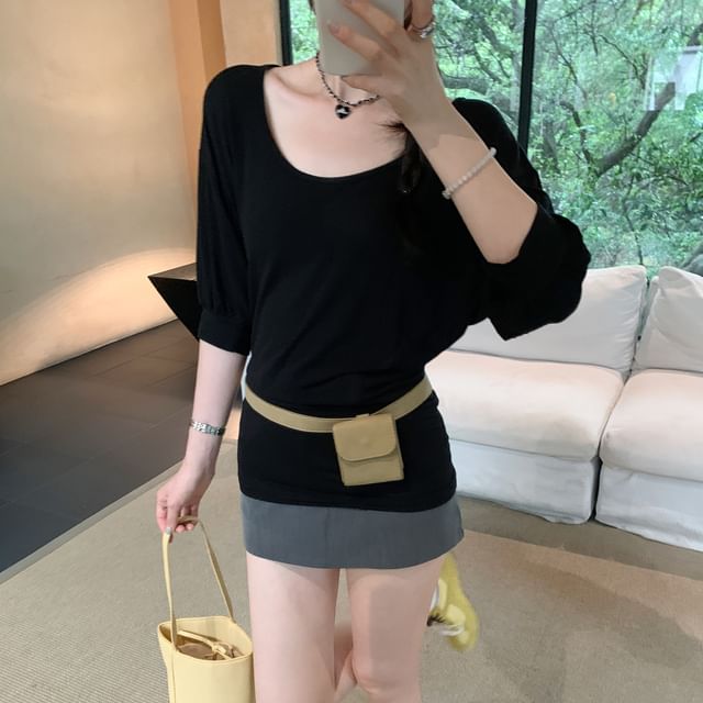 Plain Scoop Neck Three-Quarter Sleeved T-Shirt
