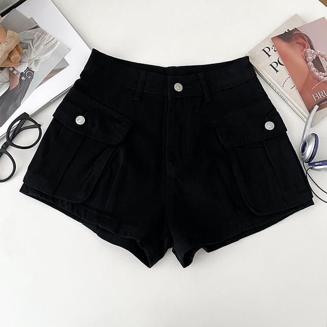 Mid Waist Denim Cargo Hot Pants