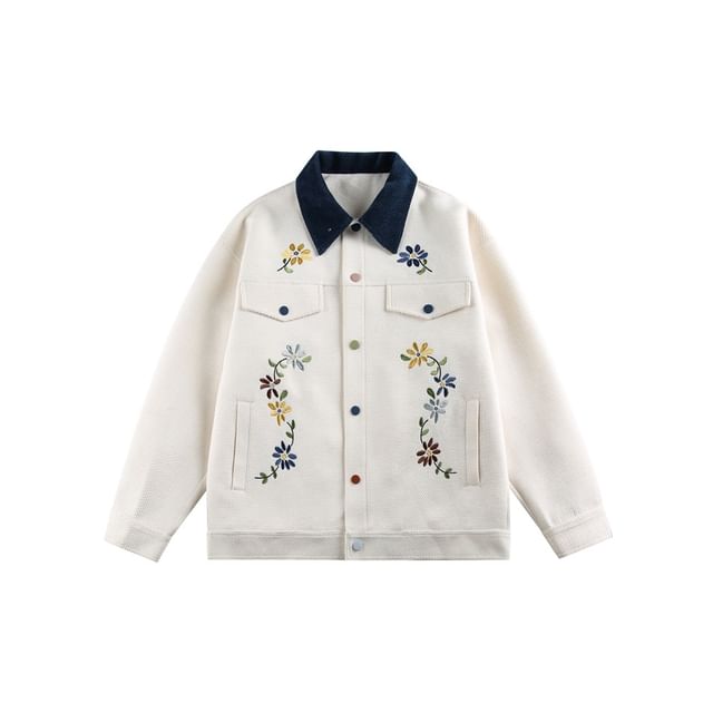 Flower-Embroidered Colorblock Tweed Jacket