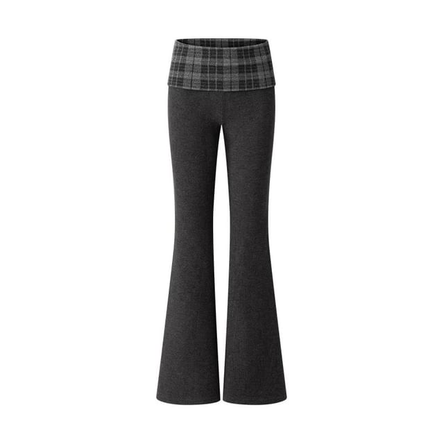 Plaid Panel Zip-Up Slim Fit Hoodie / High Waist Flared Pants