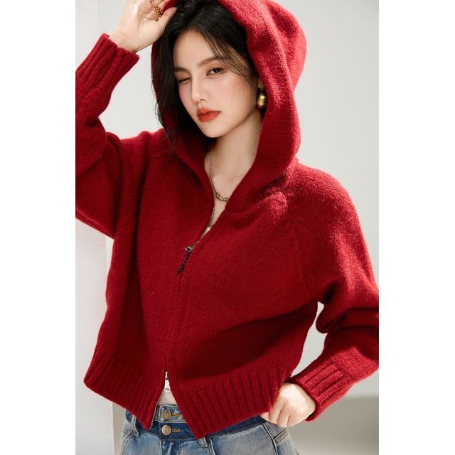 Plain Zip-Up Crop Knit Hoodie