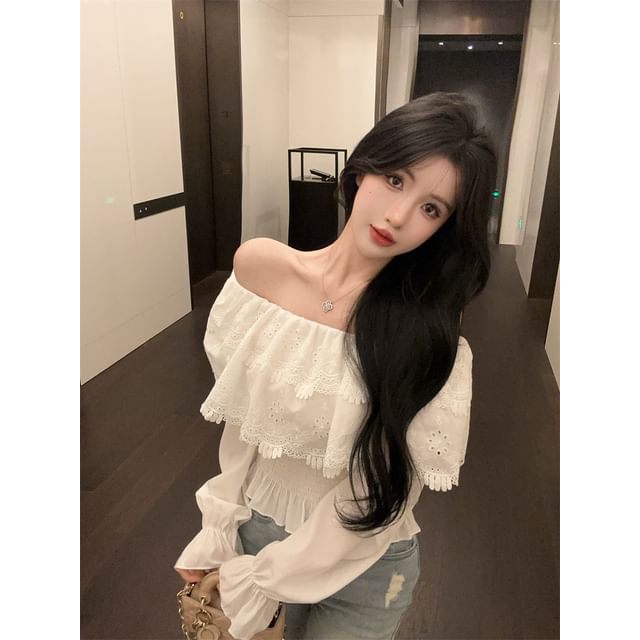 Plain Lace-Panel Off-Shoulder Sleeved Blouse