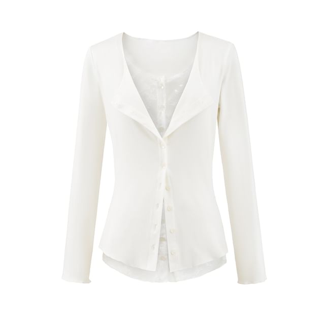Mock Two-Piece Lace-Panel Long-Sleeved Button T-Shirt