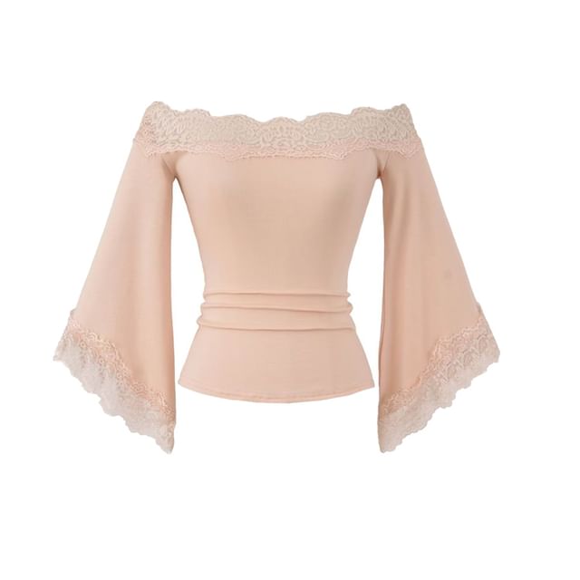 3/4-Sleeve Off Shoulder Plain Lace Trim Crop Tee
