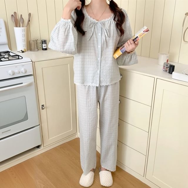Matching Couple Blouse & Pants Set with Lace Trim