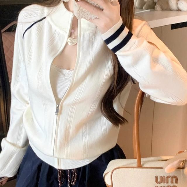 Stand Collar Two Tone Zip Cardigan