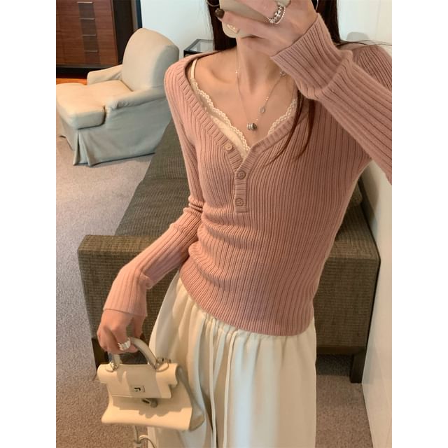 V-Neck Henley Ribbed Knit Top & Padded Lace Camisole