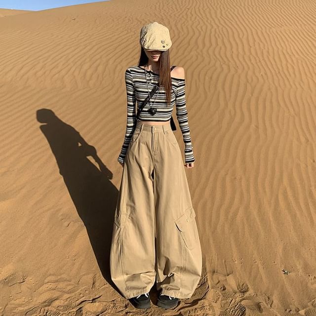 Mid Rise Plain Barrel Leg Baggy Cargo Pants (Various Designs)