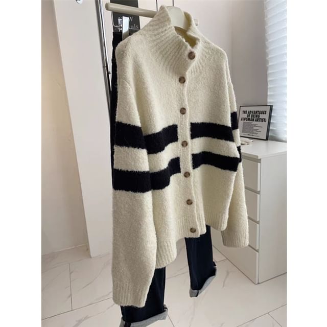 Striped Stand Collar Knit Cardigan