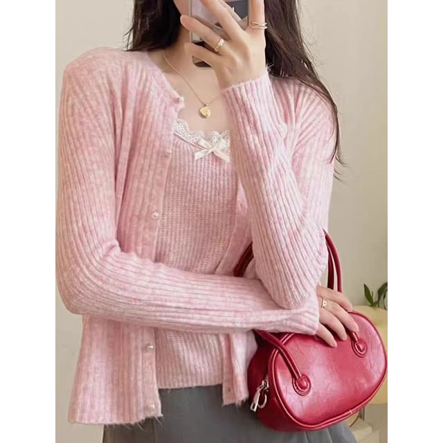 Lace Knit Cami Top and Faux Pearl Button Cardigan Set