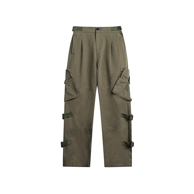 Buckled-Accent Straight-Cut Cargo Pants