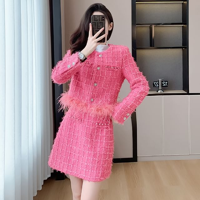 Set: Round Neck Fringed Tweed Button Jacket + High Waist Mini A-Line Skirt
