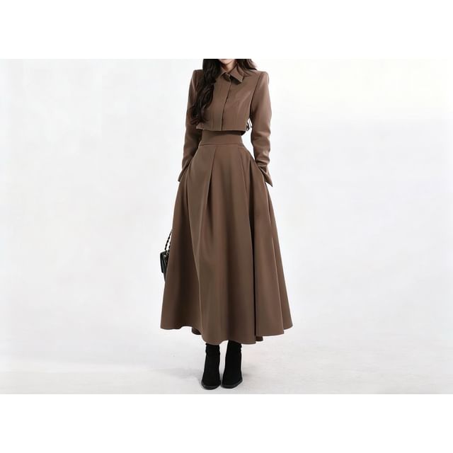Set: Long-Sleeve Plain Crop Shirt + High Waist Midi A-Line Skirt