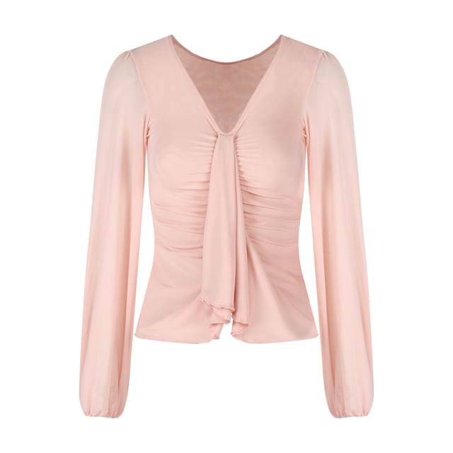 V-Neck Long Sleeve Solid Ruched Blouse