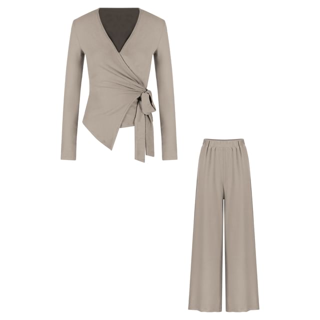 Set: V-Neck Long Sleeve Solid Asymmetric Tee & High Rise Solid Wide Leg Pants