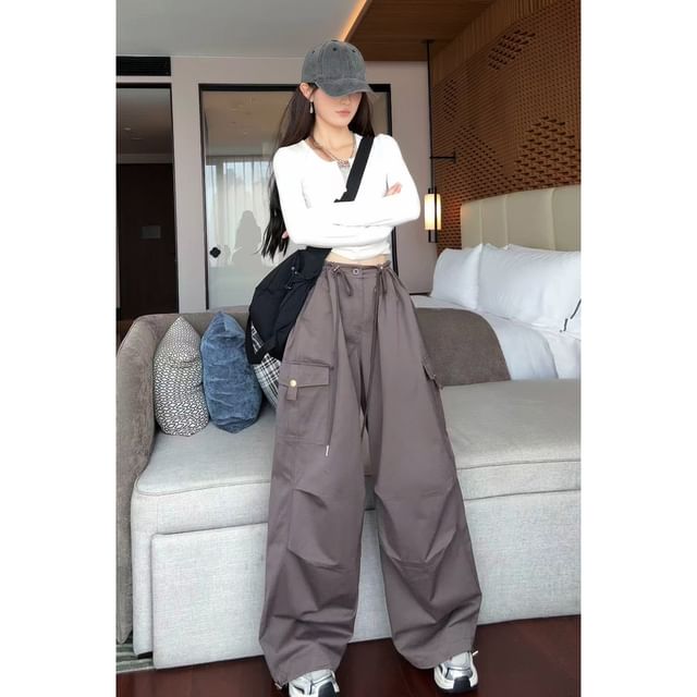 Drawstring Waist Plain Wide Leg Cargo Pants (Various Designs)