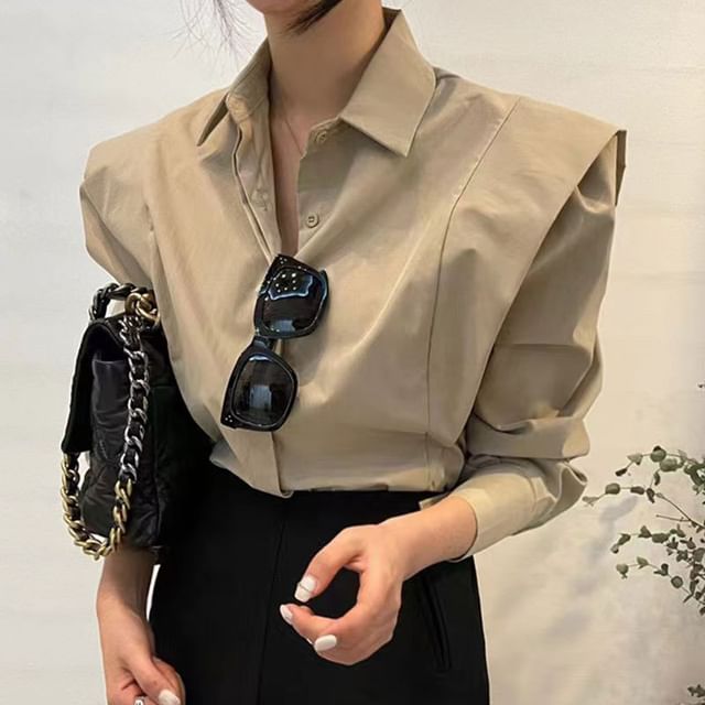 Collared Long-Sleeve Button-Up Plain Blouse