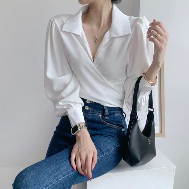 Collared V-Neck Long-Sleeve Plain Wrap Crop Blouse