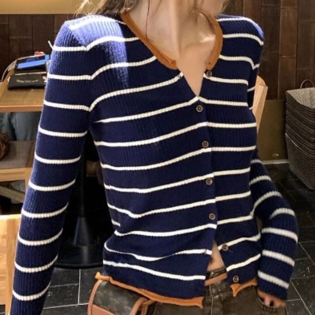 Notch Neck Striped Button Knit Top with Long Sleeves