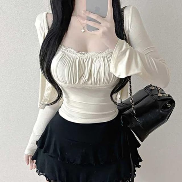 Lace Trim Ruched Scoop Neck Crop Cami & Cardigan Set
