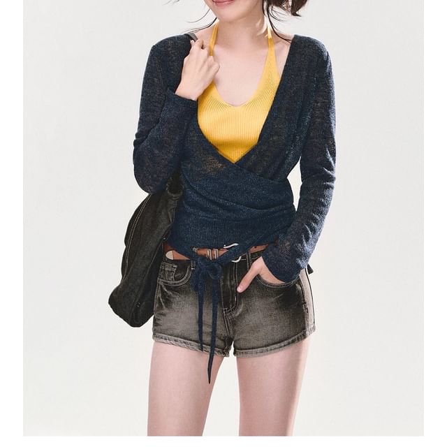 Long Sleeve V-Neck Plain Tie-Up Knit Wrap Top