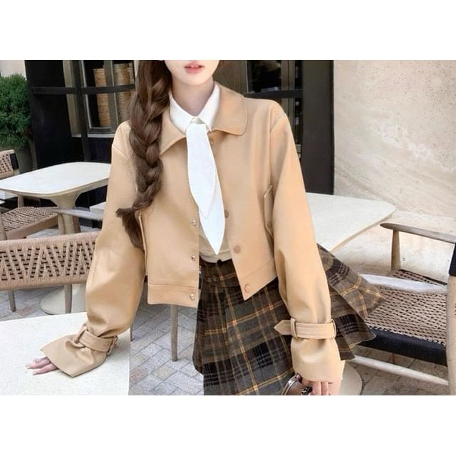 Long Sleeve Collared Plain Tie-Up Shirt / Collared Plain Button Trench Jacket / High Rise Plaid Pleated Mini A-Line Skirt