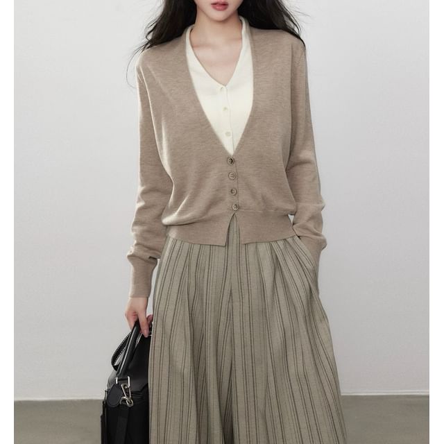 Long Sleeve V-Neck Mock Two Piece Button Knit Top / High Waist Striped Wide Leg Pants