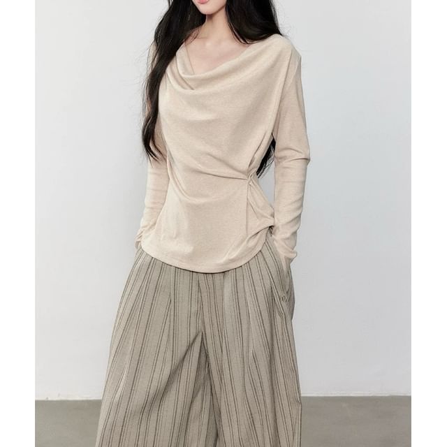 Long Sleeve Cowl Neck Plain Ruched Top / High Waist Striped Wide Leg Pants