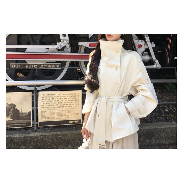 Stand Collar Plain Double Breasted Trench Jacket