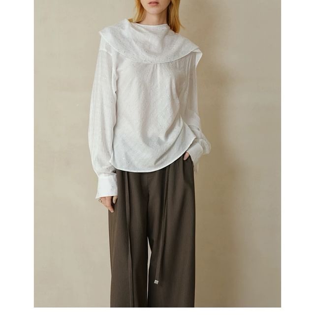 Long Sleeve Scarf Neck Plain Glitter Blouse / High Rise Plain Pleated Wide Leg Pants