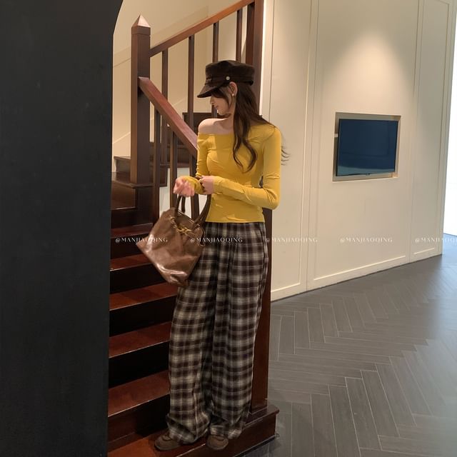 One-Shoulder Long-Sleeve Plain Top