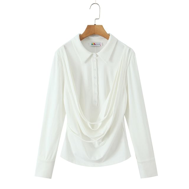 Half-Buttoned Long-Sleeve Plain Top